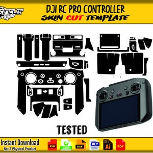 Könnte beinhalten: Schwarze Skin-Cut-Vorlage für einen DJI RC Pro Controller, mit verschiedenen Ausschnittformen und einem Controller-Bild. Der Text "DJI RC PRO CONTROLLER SKIN CUT TEMPLATE" ist in Schwarz und Rot dargestellt. Das Wort "TESTED" ist ebenfalls sichtbar.