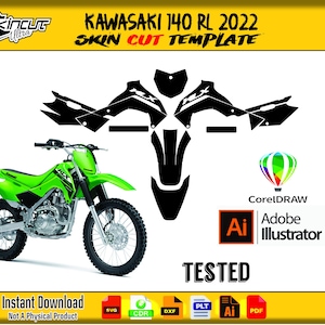 Puede incluir: Plantilla de corte de piel de motocicleta Kawasaki 140 RL 2022 verde. La imagen incluye una motocicleta, plantillas de corte negras y logotipos de software para CorelDRAW y Adobe Illustrator. El texto incluye "Descarga instantánea" y "Probado."