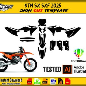 Puede incluir: Una plantilla de corte de piel de motocicleta KTM SX SXF 2025 naranja y negra con el texto "KTM SX SXF 2025 SKIN CUT TEMPLATE". La imagen también incluye el texto "Instant Download Not A Physical Product".