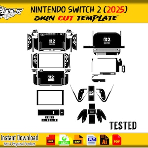 Könnte beinhalten: Eine schwarz-weiße Skin-Cut-Vorlage für die Nintendo Switch 2 (2025). Die Vorlage enthält Umrisse für Konsole, Controller und Zubehör. Der Text "TESTED" und "Instant Download" ist ebenfalls enthalten.