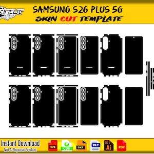 Puede incluir: Plantillas de corte de piel negras para un teléfono Samsung S26 Plus 5G. Las plantillas incluyen varios recortes para el cuerpo, la cámara y otras funciones del teléfono. La imagen también incluye el texto "SkinCUT" y "Instant Download".