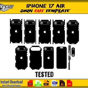 May include: Black iPhone 17 Air skin cut template with various design options. The image includes the text "IPHONE 17 AIR SKIN CUT TEMPLATE" and "TESTED". The design features the Apple logo and camera cutouts. Instant download.