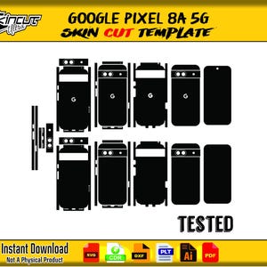 Puede incluir: Plantilla de corte de piel en blanco y negro para un teléfono Google Pixel 8A 5G. La plantilla incluye contornos para la parte delantera, trasera y laterales del teléfono, con el texto "GOOGLE PIXEL 8A 5G SKIN CUT TEMPLATE" y "TESTED".