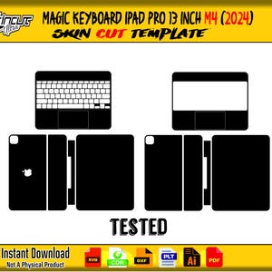 Op de afbeelding: Zwart-wit sjabloon voor een Magic Keyboard iPad Pro 13 inch M4 (2024). De afbeelding toont het toetsenbord, het trackpad en de buitenkant van de iPad. De teksten "SKINCUT" en "SKIN CUT TEMPLATE" zijn zichtbaar. Het woord "TESTED" is ook aanwezig.