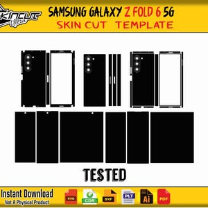 Puede incluir: Plantilla de corte de piel en blanco y negro para un teléfono Samsung Galaxy Z Fold 6 5G. La plantilla incluye contornos para la parte delantera, trasera y laterales del teléfono. Se muestra la palabra "TESTED". También incluye el texto "Instant Download".