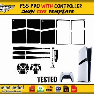 May include: A white and black PS5 Pro console and controller skin cut template. The image includes a console, controller, and various black cut-out shapes. Text on the image reads "PS5 PRO WITH CONTROLLER SKIN CUT TEMPLATE" and "TESTED".