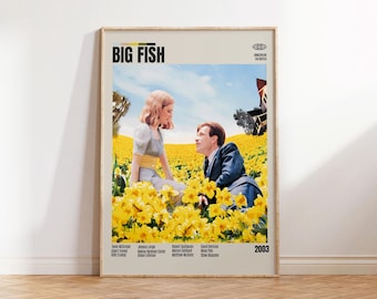 Big Fish, Tim Burton, póster minimalista, póster retro, estilo moderno de mediados de siglo, lámina retro vintage, las mejores películas.