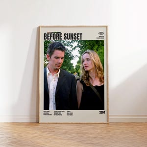 Prima del tramonto, Richard Linklater, manifesto cinematografico minimalista, manifesto cinematografico retrò, stile moderno di metà secolo, stampa artistica retrò vintage