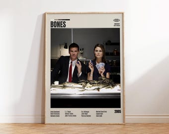 Bones, Hart Hanson, póster minimalista, póster retro, estilo moderno de mediados de siglo, lámina retro vintage, mejores películas, póster A3