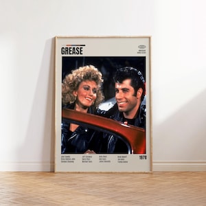 Grease, Randal Kleiser, Poster minimalista di un film, Poster retrò di un film, Stile moderno di metà secolo, Stampa artistica retrò vintage, I migliori film