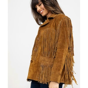 Damen Fransen Lederjacke Braun Wildleder Boho
