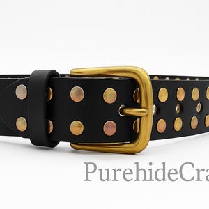 Unisex Black Leather Studded Belt, Punk Rock Gold & Silver Rivets