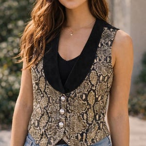 Women's Python Embossed Cow Leather Vest, Black Snake Pattern Waistcoat, Button Front Sleeveless Top, Genuine Leather Gift