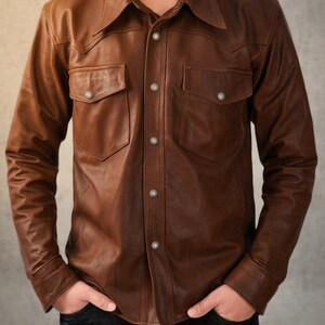 Men's Genuine Sheep Leather Western Shirt Jacket, Handmade Snap Button Biker Overshirt