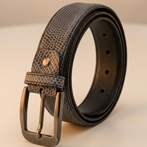 May include: A grey belt featuring a textured, dotted pattern across the strap. The belt includes a dark metallic buckle with a brushed finish and a single metal rivet securing the loop near the buckle. The interior of the strap is smooth black.
