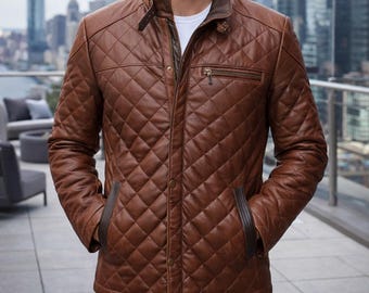 Handmade Brown Quilted Sheep Leather Jacket, Biker Style