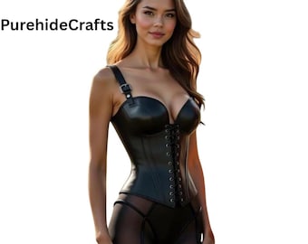 May include: A black leather corset featuring a front lace-up closure with metal eyelets and a single shoulder strap with a buckle adjustment. The text PurehideCrafts is visible in the upper left corner of the image against a plain white background.