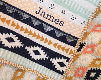 Aztec Crib Bedding, Arizona Baby Blanket, Southwest, Crib Quilt, Handmade, Baby Gift, Nursery Decor, Toddler, Navy Blue, Mint, Coral, Girl