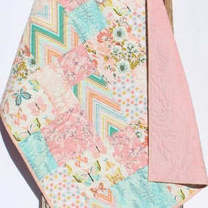 Baby Quilt, Floral Minky Blanket, Flower Crib Bedding, Cherry Blossoms, Coral Pink Gold, Handmade Modern Quilt Butterfly, Personalized Gift