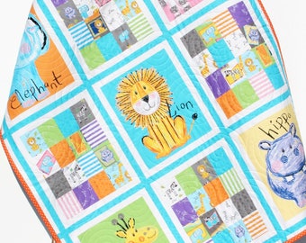 Safari Animal Quilt Nursery Decor Jungle Baby Bedding Colorful Boy or Girl Giraffe Hippo Zebra Elephant Personalize with Name for Sale