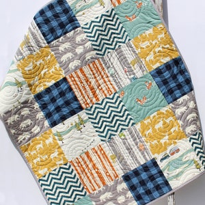 Baby Quilt Handmade Woodland Nursery Personalized Blanket Modern Crib Decor Boy Quilts for Sale Navy Blue Orange Bears Deer Owls Animals