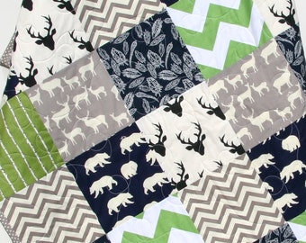 LAST ONE Quilt, Rustic, Baby Boy, Nursery, Deer Baby Quilt, Toddler, Gray Deer, Stag Baby Blanket, Chevron, Navy Blue, Feather Crib Quilt