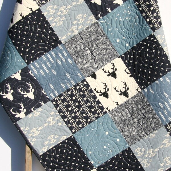 LAST ONE Woodland Quilt  Baby Boy Deer Stag Baby Blanket, Toddler, Navy Blue Woodland Navy Crib Bedding, Rustic Nursery Boy, Buck Baby Quilt