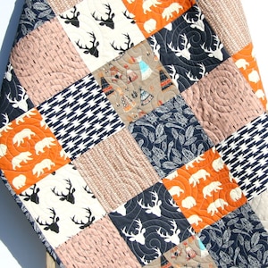 Baby Boy Quilt, Toddler Orange Navy Blue Brown Tan Buck Deer Teepee Woodlands Birch Forest Arrows Blanket Bear Aztec Crib Bedding Quilt