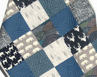 Nursery Bedding, Baby Boy Blanket, Buffalo Check Blue, Gift Ideas, Rustic Baby Blanket, Woodland Crib Quilt Sentimental Gift Buck Baby Quilt
