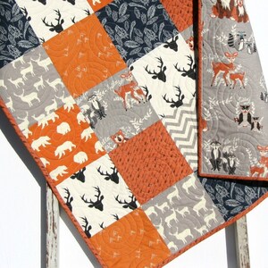 Baby Quilt, Boy, Woodland Baby Quilt, Rustic Baby Bedding, Toddler, Birch Forest, Woodlands, Crib Bedding, Orange, Navy Blue Gift