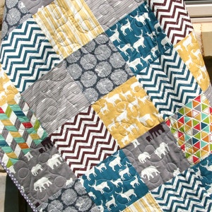 LAST ONE Quilt Baby Boy Crib Bedding Blanket Grey Teal Blue Brown Yellow Nursery Green Grey Orange, Birch Organic Fabrics, Elk Deer