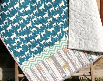 Teal Deer Baby Quilt Embroidered Baby Blanket Woodland Nursery Decor Baby Shower Gift Deer Crib Bedding Monogrammed Blanket