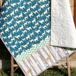 Teal Deer Baby Quilt Embroidered Baby Blanket Woodland Nursery Decor Baby Shower Gift Deer Crib Bedding Monogrammed Blanket