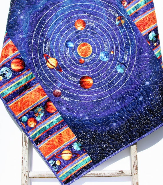 Space Nursery Quilt Planets Crib Bedding Solar System Quilt Science Nursery Decor Astronomy Blanket Baby Cot Navy Blue Moon Rocket