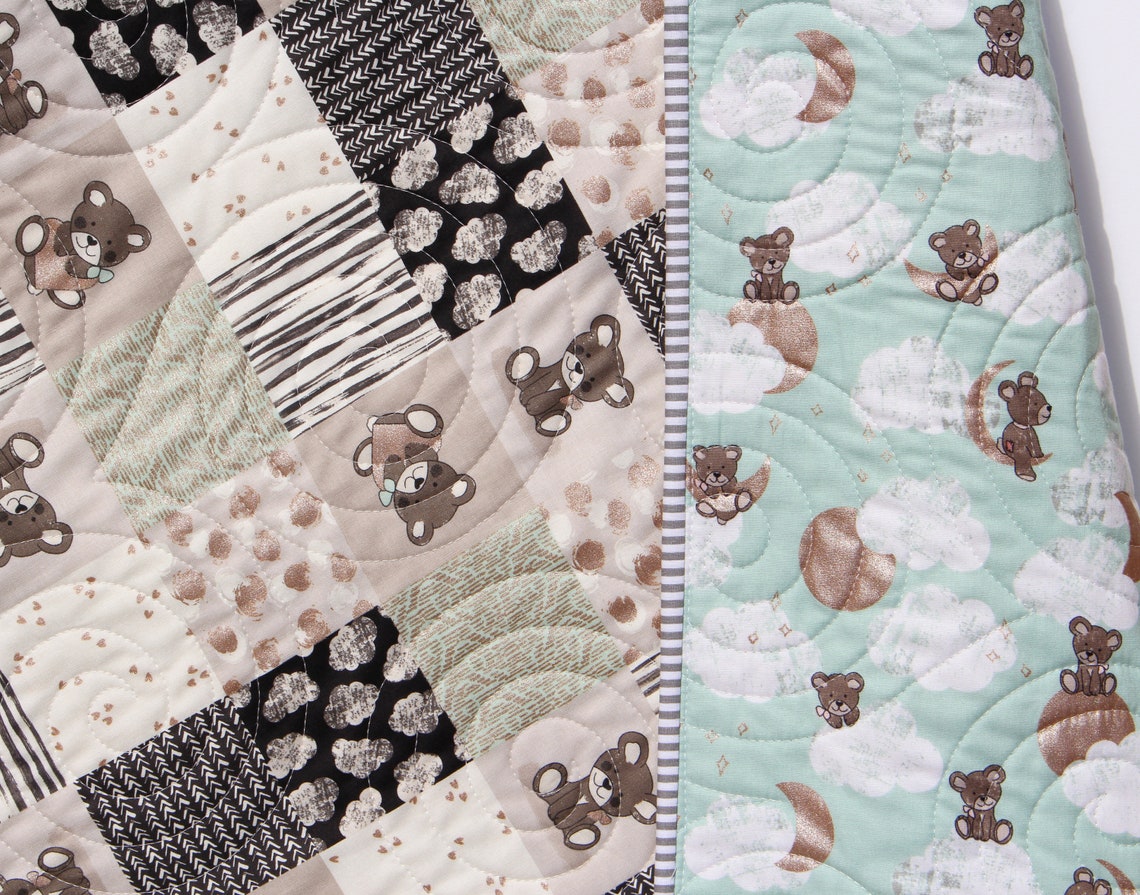 Teddy Bear Quilt Baby Boy Handmade Newborn Blanket Mint Grey Etsy