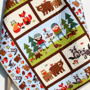 LAST ONES Lumberjack Quilt, FLANNEL Baby Boy Bedding, Woodland Forest, Bears Fox, Outdoor Nursery Crib Blanket Buffalo Check  Ready to Ship