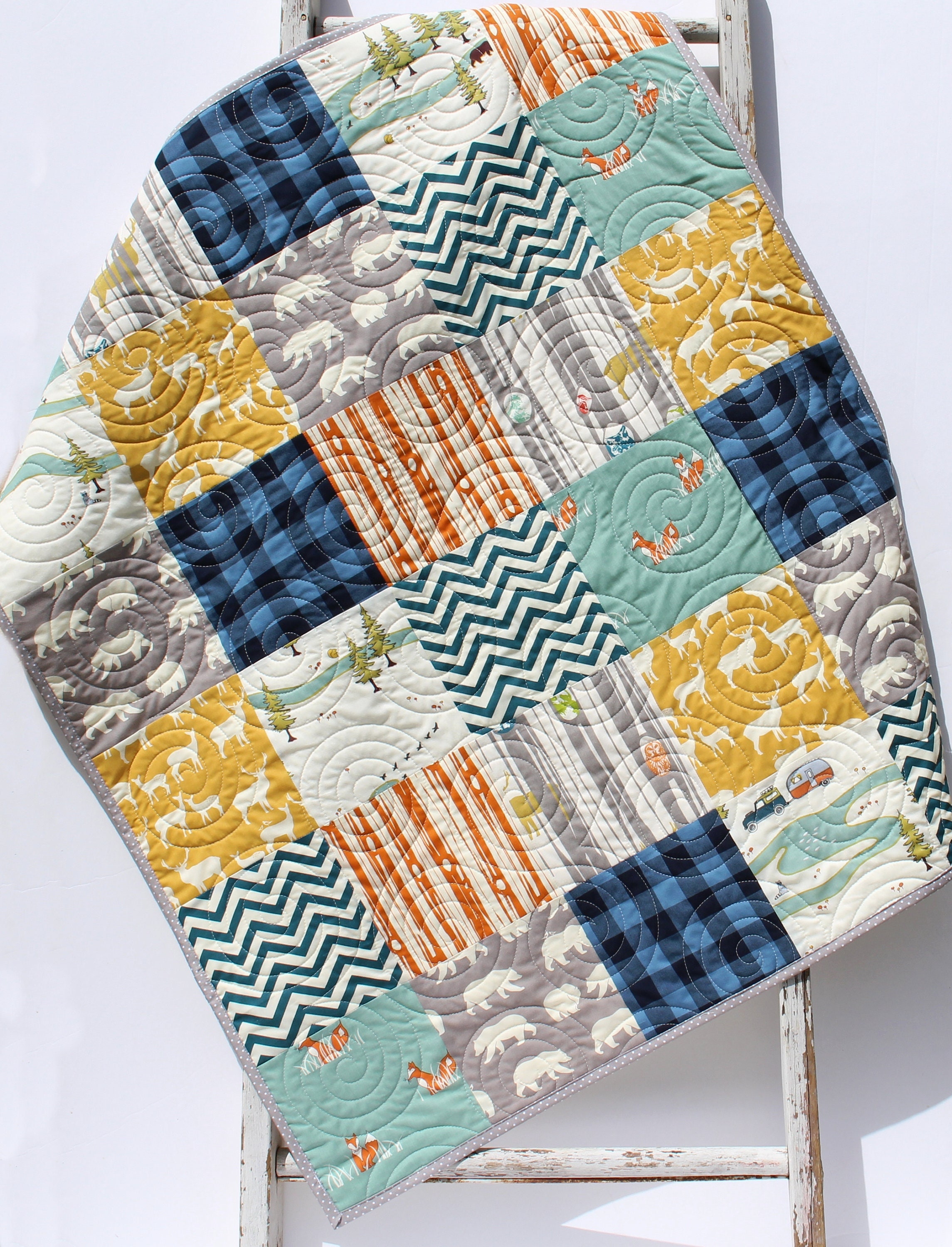Baby Quilt Handmade Woodland Nursery Personalized Blanket Modern Crib Decor Boy Quilts for Sale Navy Blue Orange Bears Deer Owls Animals Etsy Canada