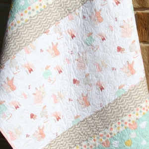 Rabbit Baby Bedding, Bunny Baby Quilt, Toddler Nursery Decor, Littlest Crib Blanket, Mint Coral Gray, Gifts for Kids Girl Handmade Baby Gift