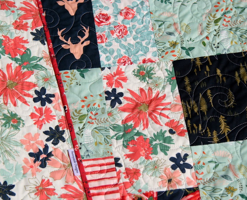 Navy Boho Quilt Woodland Crib Bedding Floral Baby Quilt Etsy