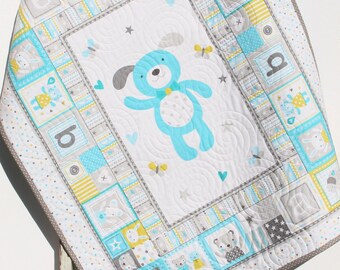 Newborn Baby Quilt, Boy Bedding Handmade Monogrammed Gift Crib Nursery Decor Embroidery Name Gift Blue Grey Gray Animal Blocks Elephants