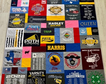 May include: A quilt made from a variety of t-shirts, featuring the name "Poth" and various school sports teams, including softball, cheerleading, and football. The quilt is made in a patchwork style with a variety of colors, including red, white, blue, and black.