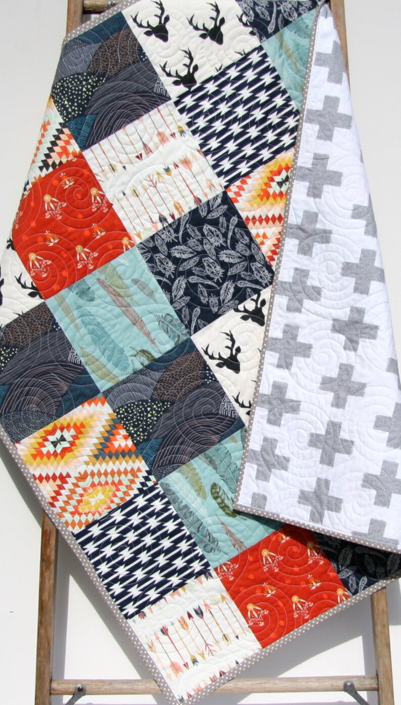 Tribal Nursery, Baby Deer Blanket, Aztec Quilts, Trending Now, Baby Boy Deer Quilt, Woodland Boy Crib, Feathers Crib Bedding, Arrows, Boy image 5