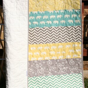 Gender Neutral Quilt, Organic Birch Fabrics, Nursery Bedding, Yellow Mint Grey, Boy Girl, Chevron Elephant, Striped Minimalist, Newborn Gift image 3