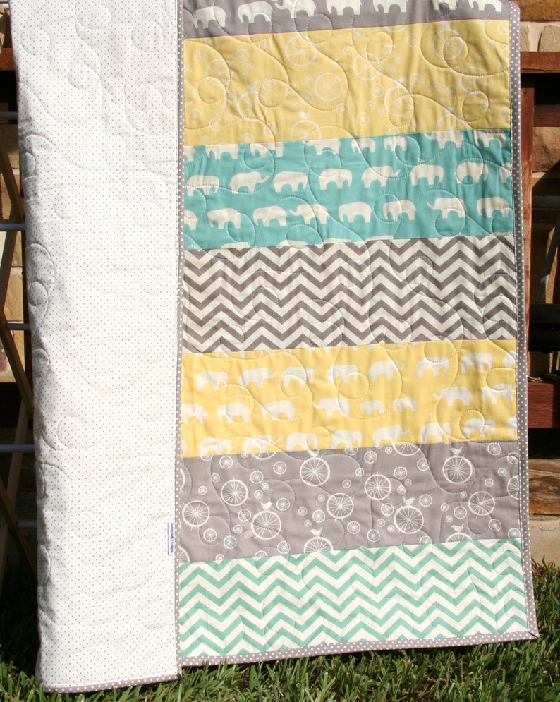 Gender Neutral Quilt, Organic Birch Fabrics, Nursery Bedding, Yellow Mint Grey, Boy Girl, Chevron Elephant, Striped Minimalist, Newborn Gift image 3