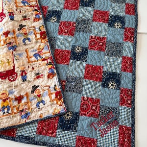 Country Western Baby Quilt, Toddler Bedding, Cowpoke, Wagon, Bandana Patchwork, Crib Quilt, Cowboy Baby Blanket, Navy Blue, Red, Childrens image 8