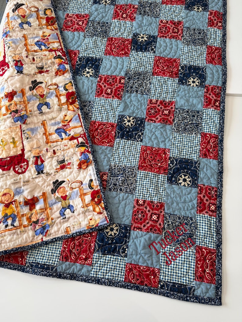 Country Western Baby Quilt, Toddler Bedding, Cowpoke, Wagon, Bandana Patchwork, Crib Quilt, Cowboy Baby Blanket, Navy Blue, Red, Childrens image 8