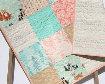 LAST ONES Fawn Baby Bedding, Woodland Baby Quilts, Deer Baby Blanket, Mint Baby Quilt Bedding Bears Arrows Aztec Tribal Coral Tan Pink Girl