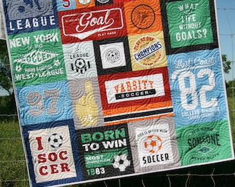 Soccer Quilt, Gift for Him, Patchwork Blanket, Adult Minky, Varsity Sports Fan, Handmade Quilt, Home Decor for Man, Homemade Personalize