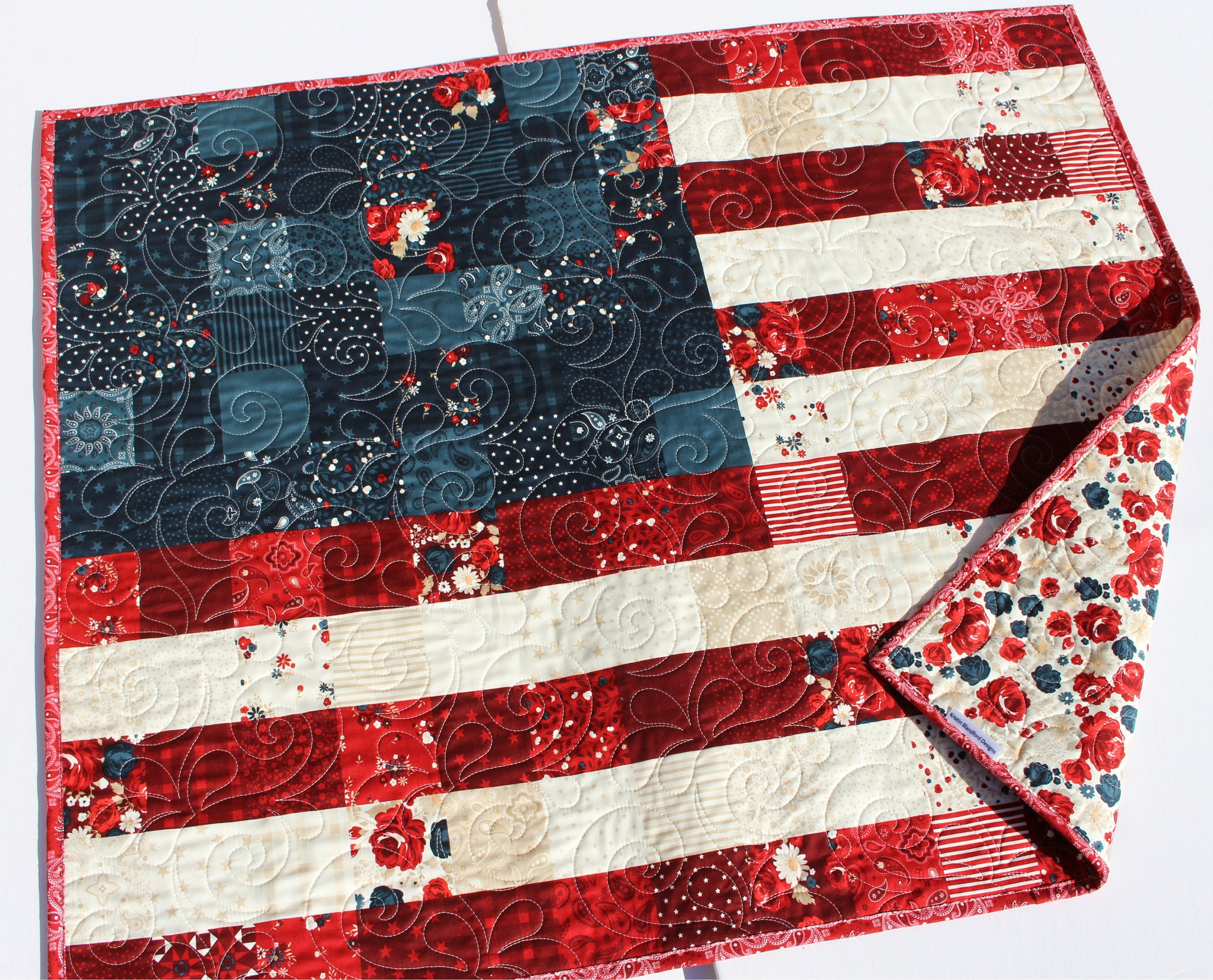 American Flag Quilt Faux Patchwork Home Decor Patriotic USA United States of America Red White Blue Small Table Decor Legacy Quilted