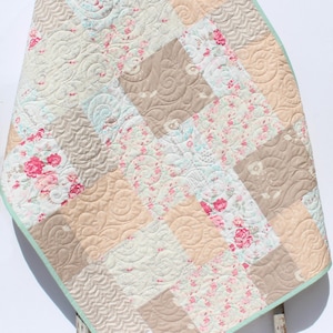 Farmhouse Baby Quilt, Floral Minky Blanket, Flower Crib Bedding, Vintage Chic Roses, Tan Beige Coral, Pink Grey Gray, Handmade Modern Quilt